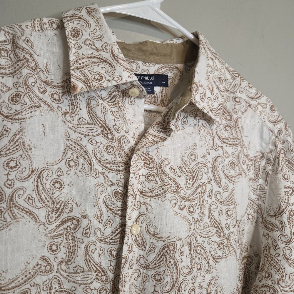 Cremieux Collection Paisley Linen Button Down Shirt Large Tan White Short Slv